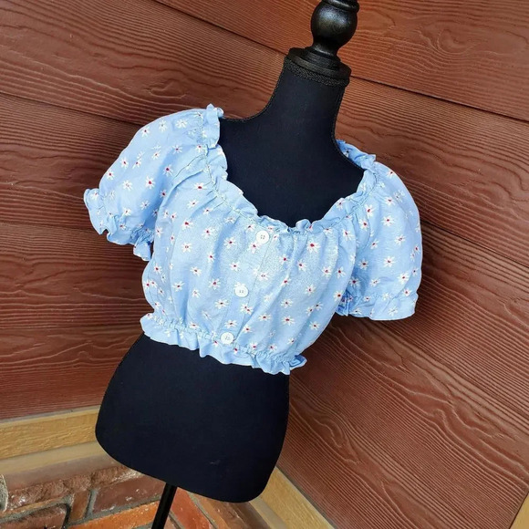 ZARA Summer Linen Blend Floral Blouse Blue Size Small NWOT - Picture 12 of 13